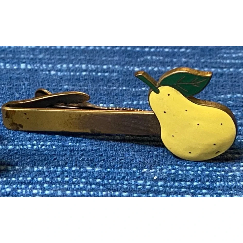 Vintage Tie Bar Clip Yellow Enamel Pear Cufflink Set 49B